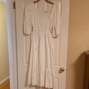 Wayf Cream Midi Dress with Puff Sleeves